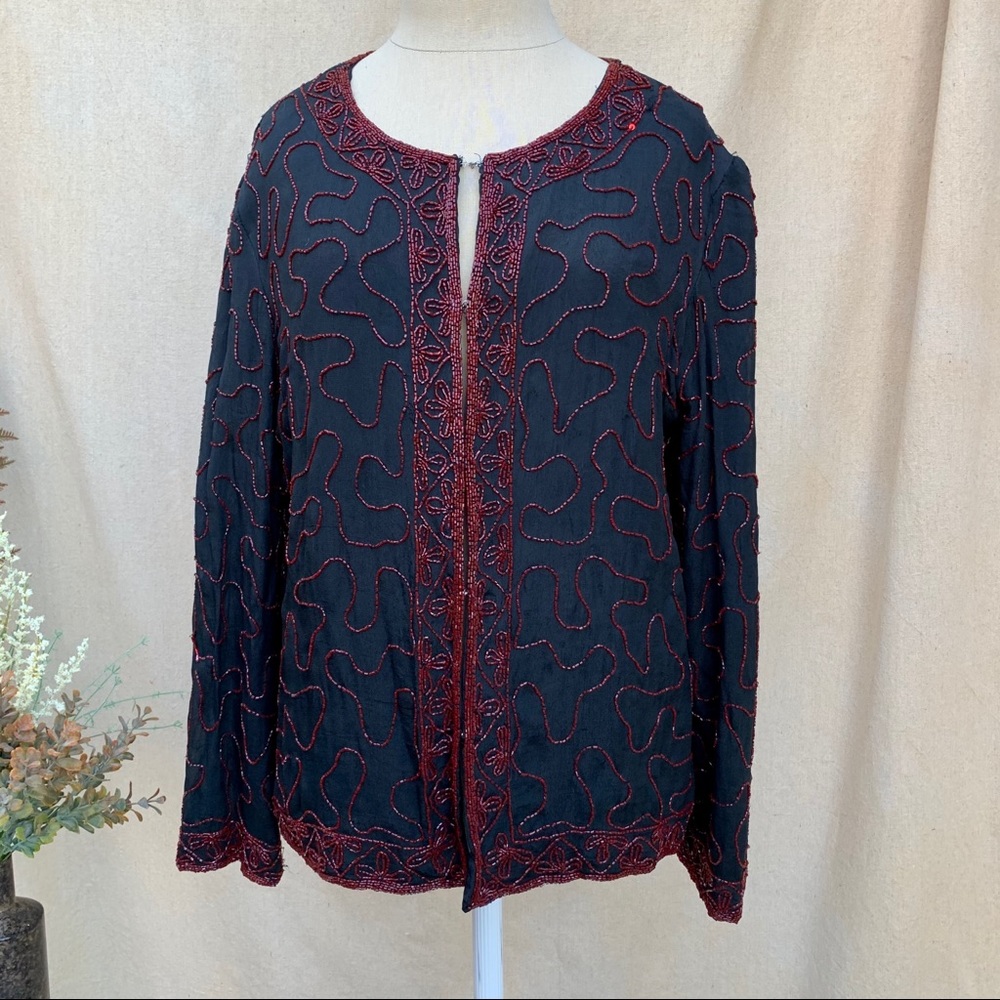 VINTAGE Sequin Squiggle Wavy Blk Red Beaded Jacket
